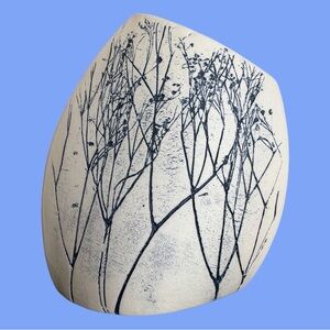 Vintage Tenmoku Pottery Nature Twigs Asymmetrical Design Vase Blue Gray 6 1/2”